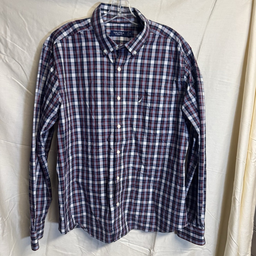 Nautica Red Blue White Plaid Classic Fit Stretch Men's XL Long Sleeve Button Up